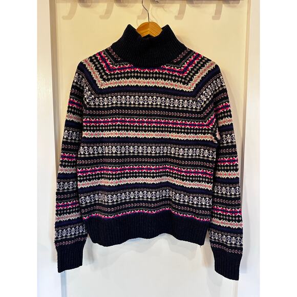 J. Crew 100% Fair Isle Blue Pink White Wool Turtleneck Sweater EUC! Medium - Picture 2 of 5